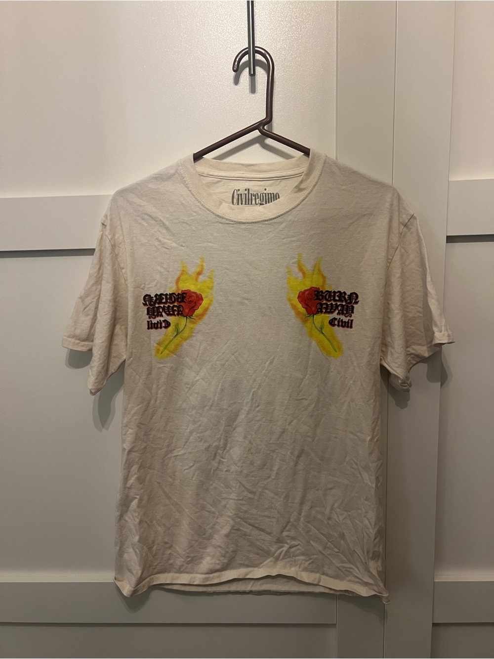 Cream Graphic Short Sleeve Tee with Flaming Heart Motifs